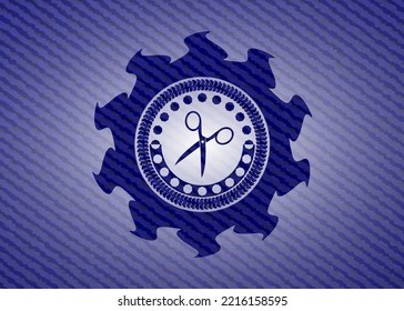 scissors icon inside emblem with jean high quality background. 