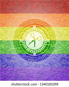 scissors icon inside emblem on mosaic background with the colors of the LGBT flag