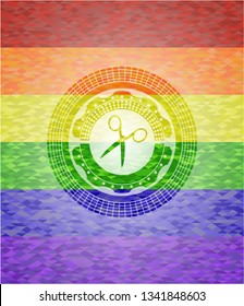 scissors icon inside emblem on mosaic background with the colors of the LGBT flag