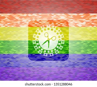 scissors icon inside emblem on mosaic background with the colors of the LGBT flag