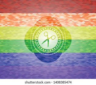 scissors icon inside emblem on mosaic background with the colors of the LGBT flag