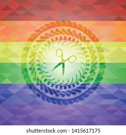 scissors icon inside emblem on mosaic background with the colors of the LGBT flag