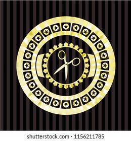 scissors icon inside gold badge or emblem