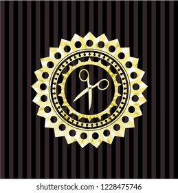 scissors icon inside gold badge or emblem