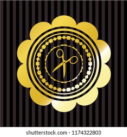 scissors icon inside gold emblem