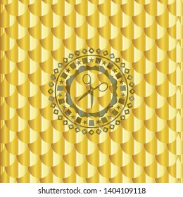 scissors icon inside gold emblem or badge. Scales pattern. Vector Illustration. Detailed.