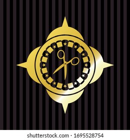 scissors icon inside gold emblem