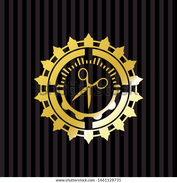 scissors icon inside
gold emblem or badge