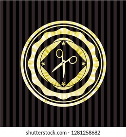 scissors icon inside golden badge or emblem