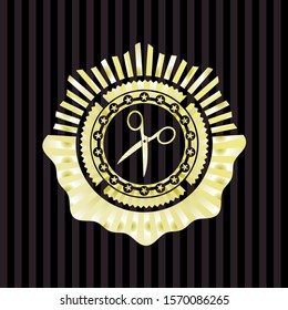 scissors icon inside golden badge or emblem