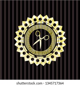 scissors icon inside golden emblem