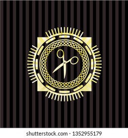 scissors icon inside golden emblem