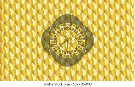 scissors icon inside golden emblem. Scales pattern. Vector Illustration. Detailed.