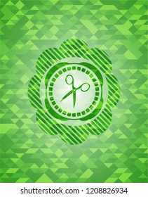 scissors icon inside green emblem. Mosaic background