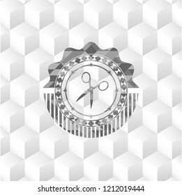 scissors icon inside grey badge with geometric cube white background