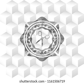 scissors icon inside grey emblem. Vintage with geometric cube white background