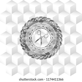scissors icon inside grey emblem. Vintage with geometric cube white background
