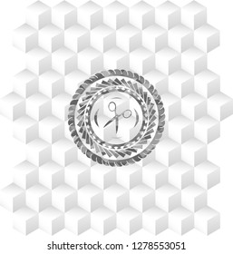 scissors icon inside grey emblem. Retro with geometric cube white background