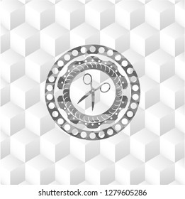 scissors icon inside grey emblem. Vintage with geometric cube white background