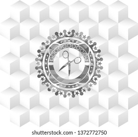 scissors icon inside grey emblem. Vintage with geometric cube white background