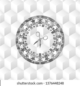 scissors icon inside grey icon or emblem with geometric cube white background