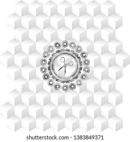 scissors icon inside grey emblem. Retro with geometric cube white background