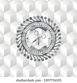 scissors icon inside grey emblem. Vintage with geometric cube white background