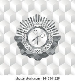 scissors icon inside grey emblem. Vintage with geometric cube white background