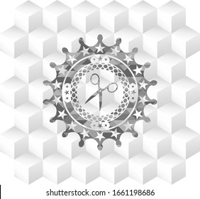 scissors icon inside grey emblem. Vintage with geometric cube white background