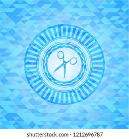 scissors icon inside light blue emblem. Mosaic background