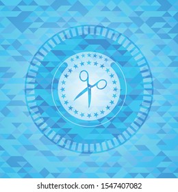 scissors icon inside light blue emblem with triangle mosaic background