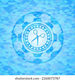 scissors icon inside light blue emblem with mosaic background. 
