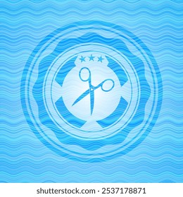 scissors icon inside light blue water wave badge background. 