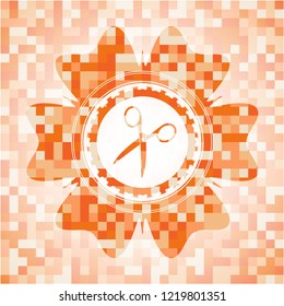 scissors icon inside orange mosaic emblem with background