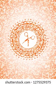 scissors icon inside orange mosaic emblem