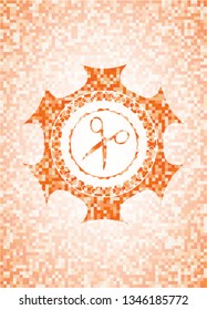 scissors icon inside orange mosaic emblem with background