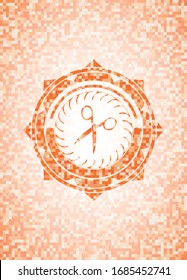 scissors icon inside orange mosaic emblem with background