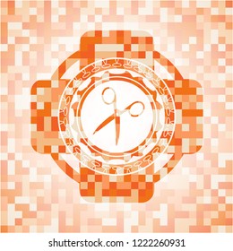 scissors icon inside orange tile background illustration. Square geometric mosaic seamless pattern with emblem inside.