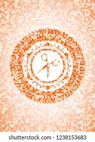 scissors icon inside orange tile background illustration. Square geometric mosaic seamless pattern with emblem inside.
