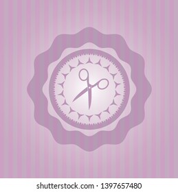 scissors icon inside pink emblem