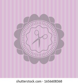 scissors icon inside pink emblem. Retro