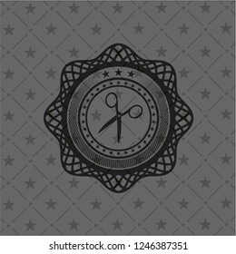 scissors icon inside realistic black emblem