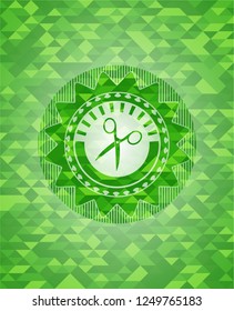 scissors icon inside realistic green emblem. Mosaic background