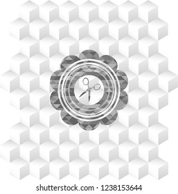 scissors icon inside realistic grey emblem with geometric cube white background