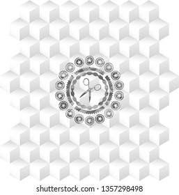 scissors icon inside realistic grey emblem with geometric cube white background