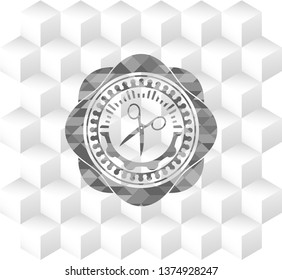 scissors icon inside realistic grey emblem with cube white background