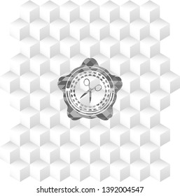 scissors icon inside realistic grey emblem with geometric cube white background