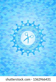 scissors icon inside realistic sky blue emblem. Mosaic background