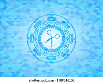 scissors icon inside realistic sky blue mosaic emblem