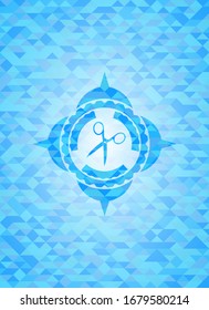 scissors icon inside realistic sky blue emblem. Mosaic background
